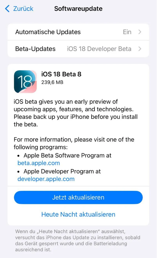 凤台苹果手机维修分享苹果 iOS / iPadOS 18 开发者预览版 Beta 8 发布 